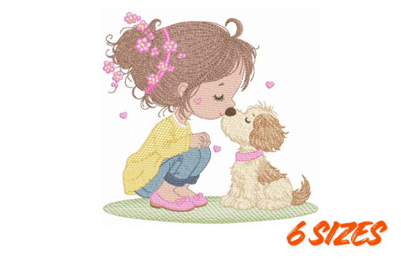 Download Sweet Girl &amp; Puppy Embroidery Art - Girl Collection